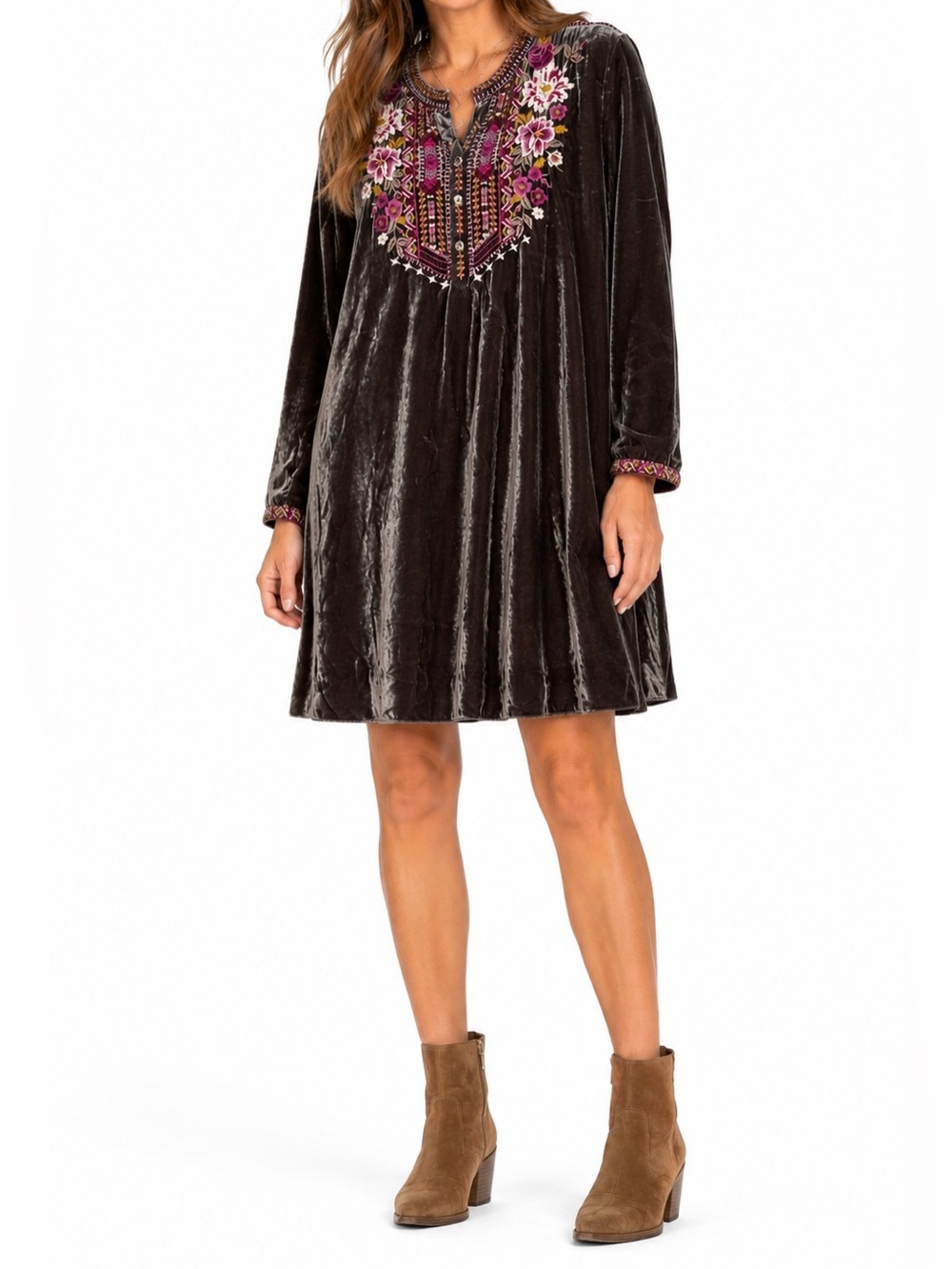 Johnny Was Silk Blend Gray Velvet Multicolor Embroidered Floral Dress - Size XL